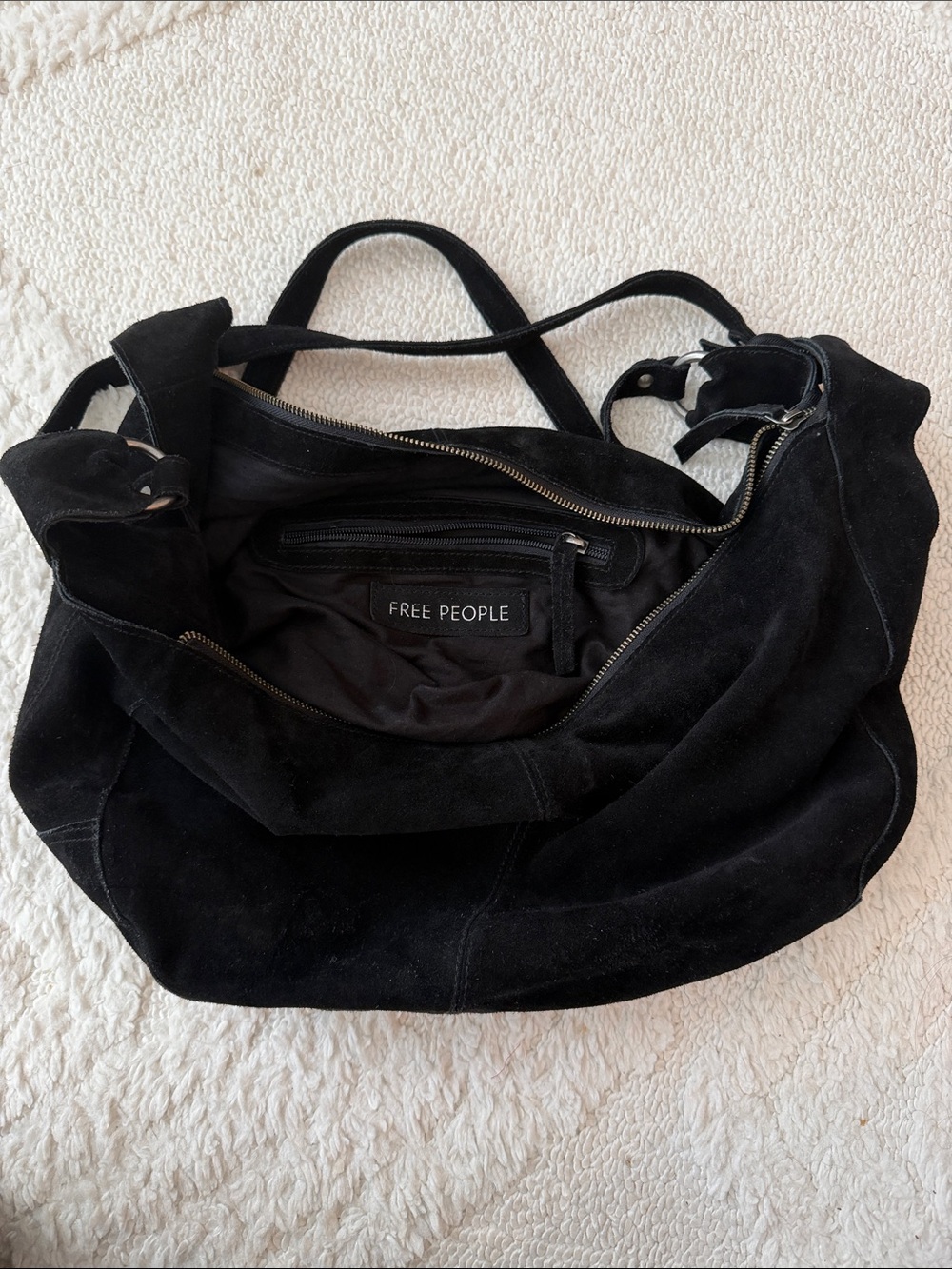 Free People Roma Suede Tote Shoulder Bag Black Boho Slouch Hobo - Picture 2 of 3